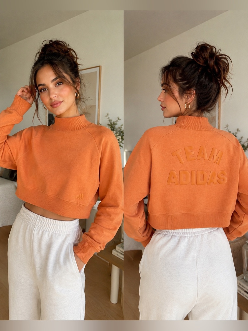 Adidas Peach Orange Terracotta Team Embossed Cropped Pullover Sweatshirt S (19”)